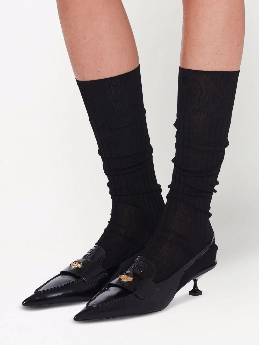Miu Miu Black Pointed Leather Slingback Penny Loafer Pumps with Gold Penny 40